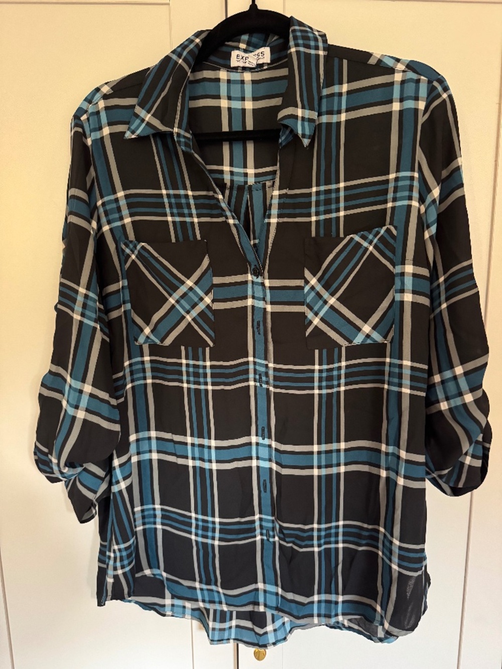 Express Portofino Shirt XL Black Blue Plaid Button Down Blouse